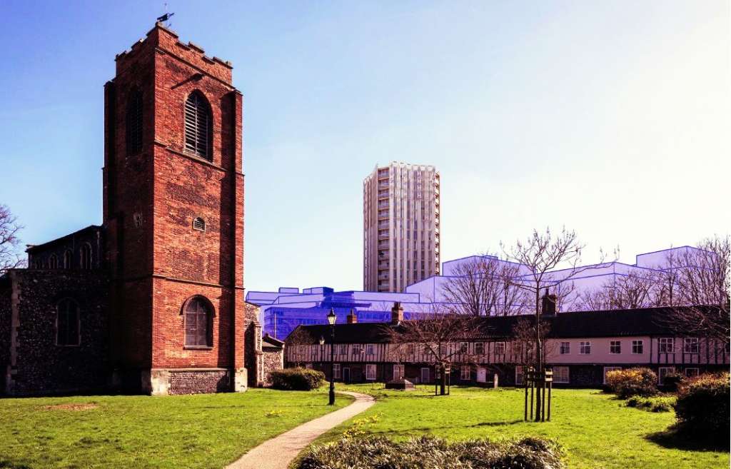 View of Weston Homes' now abandoned scheme from St Augustine's Churchyard