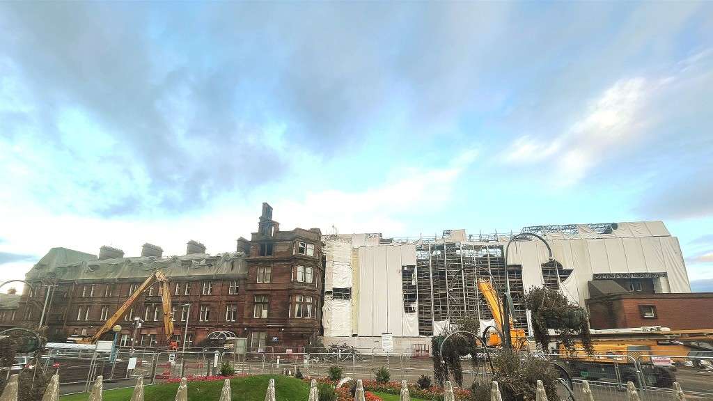 The station hotel post fire, with safety works underway in late October 2023 [Credit: © SAVE Britain