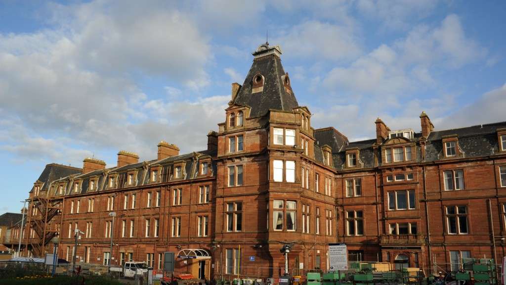 Ayr Station Hotel in October 2018 with its magnificent cheateau-style tower. The south wing, to the