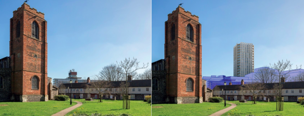 Current (left) and proposed view (right) towards Anglia Square from St Augustine's churchyard