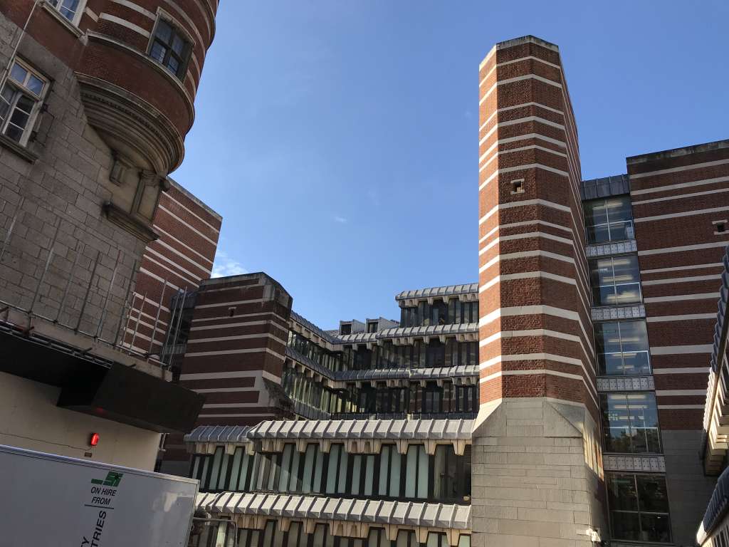 Rear elevation of architect Sir William Whitfield's grade II* listed Richmond House (completed 1987)